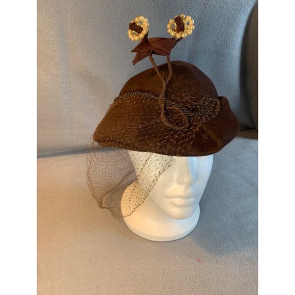 Ladies Brown Hat with Beaded Flowers and Netting by Boston Store Sz 22.5 - Picture 6 of 9